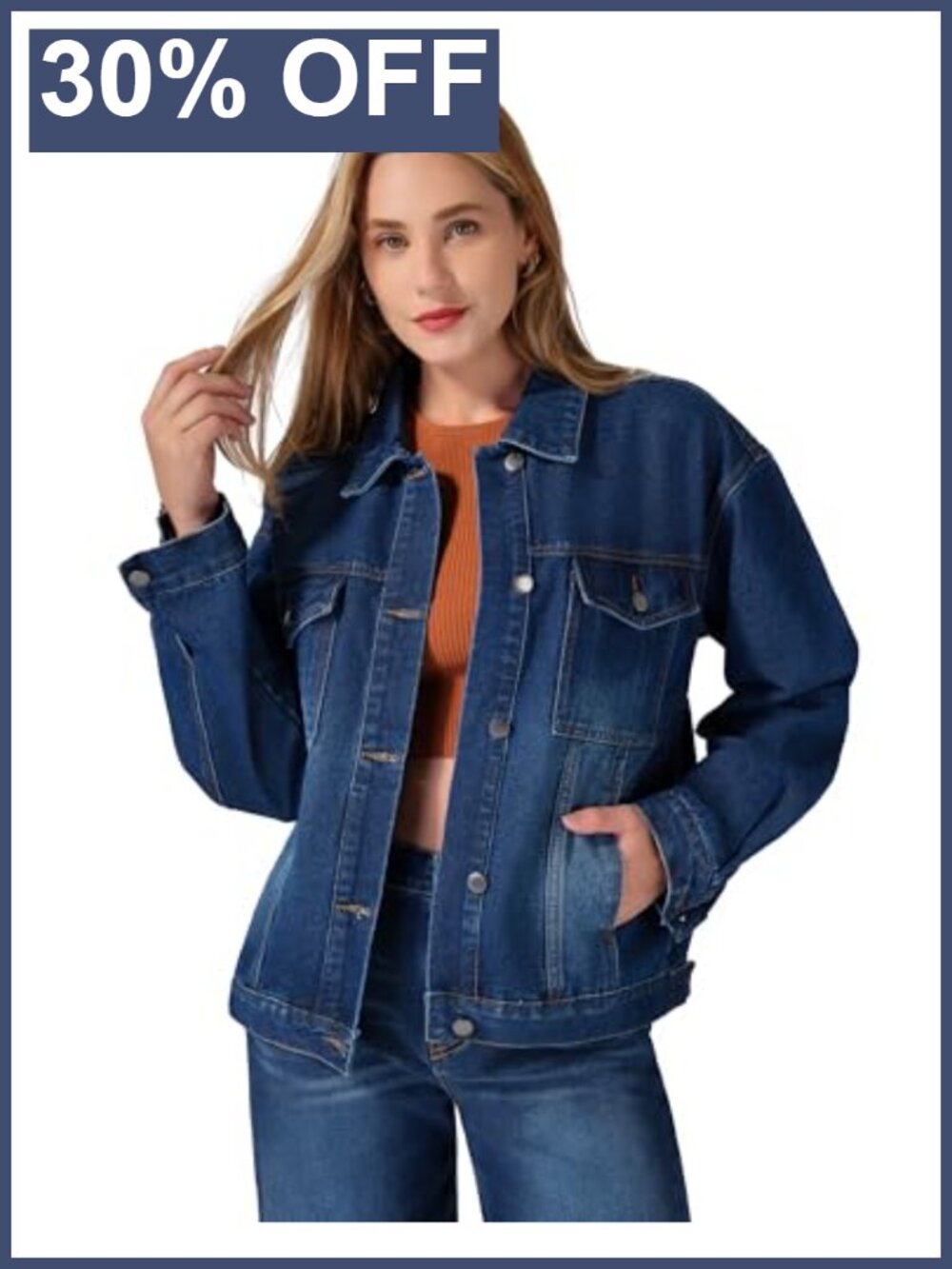 Oversized Denim Trucker Jacket Long Sleeve Button Up Utility Pockets